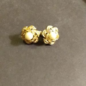 Gold Tone Pearl and rhinestone earrings